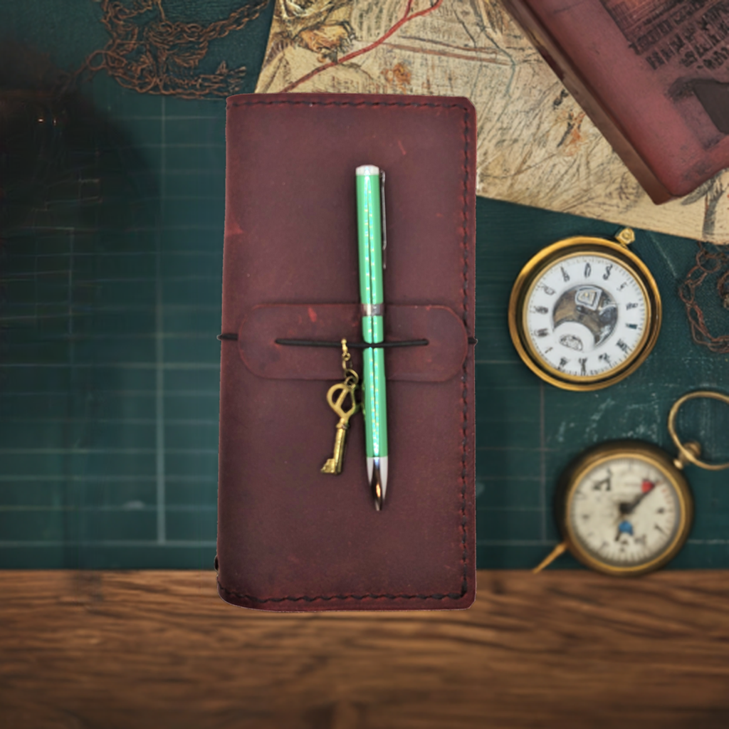 Steampunk Weeks, Leather Weekly Planner Cover - Kodiak Hugo Crimson